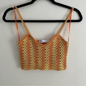 Zara Women's Orange and Yellow Crochet Cropped Tank